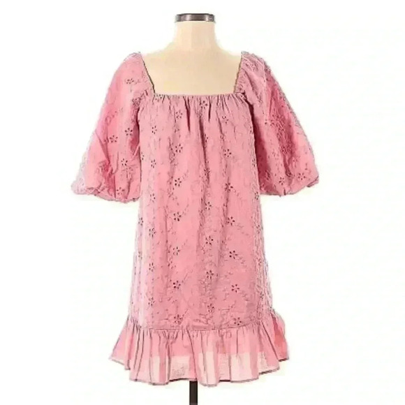Zara Broderie Anglaise Ruffle Mini Dress Womens M Medium Pink Embroidered - Picture 1 of 8